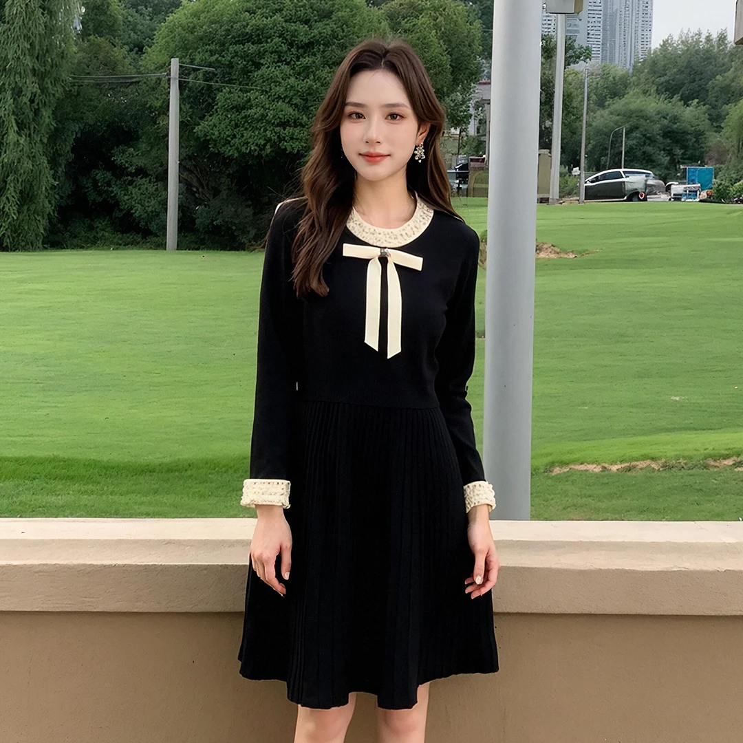【奢姿】大码女装2025冬季减龄蝴蝶结时尚连衣裙胖妹妹钉珠针织裙子