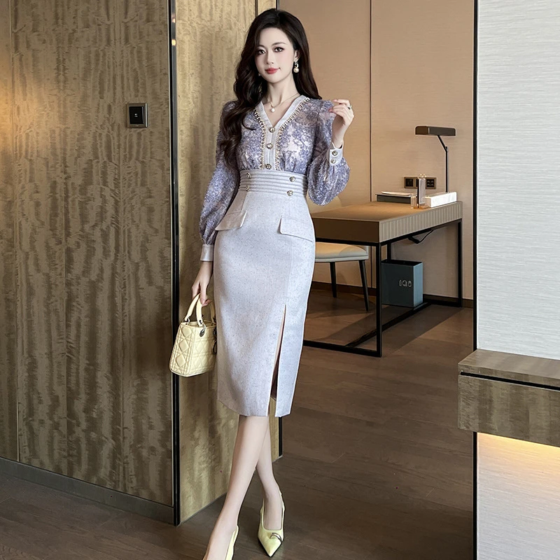 紫色蕾丝拼接连衣裙春季女装新款高端重要场合气质名媛包臀中长裙