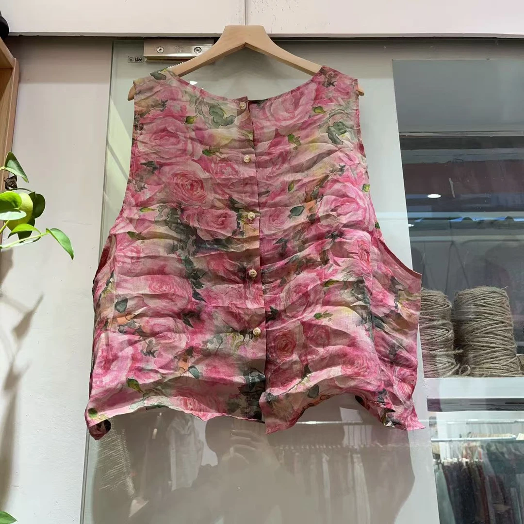 苎麻复古薄款夏季短款女士民族风纽扣女装无袖两面穿马甲（衣长56）