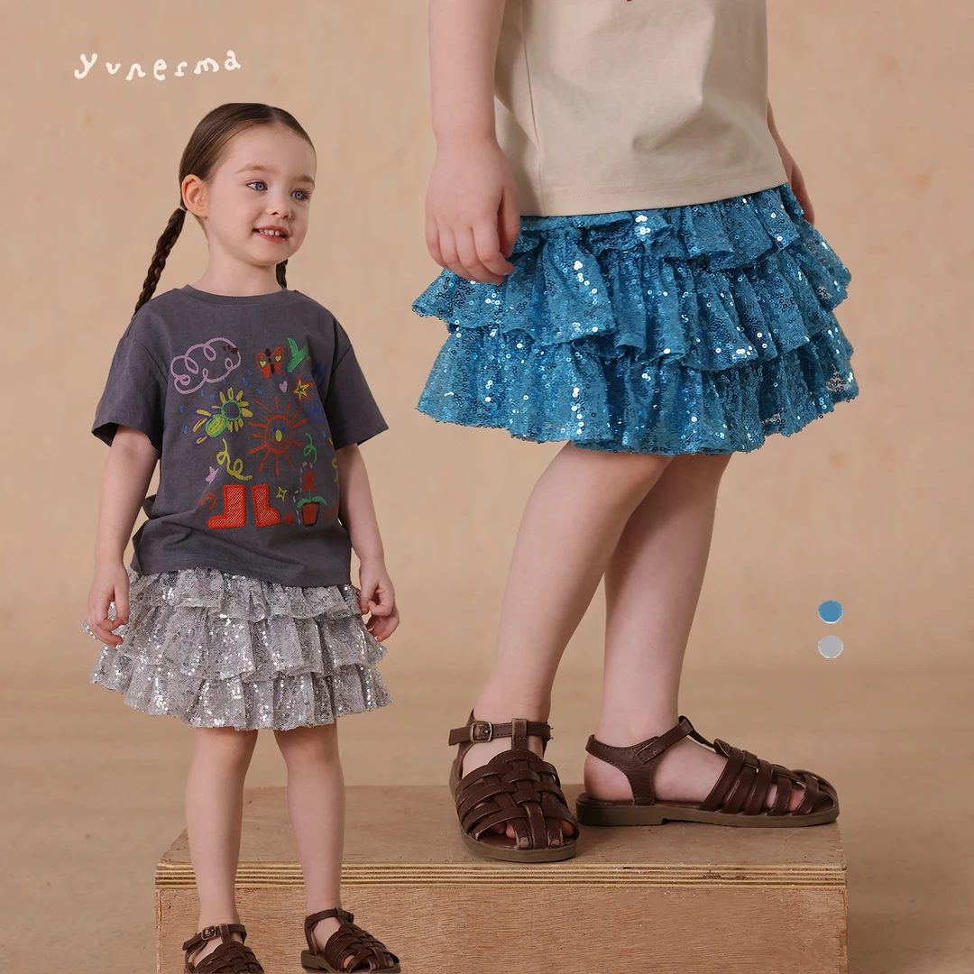 允儿妈女童2025夏季亮片蛋糕蓬蓬半裙儿童六一短裙女孩洋气裙子潮