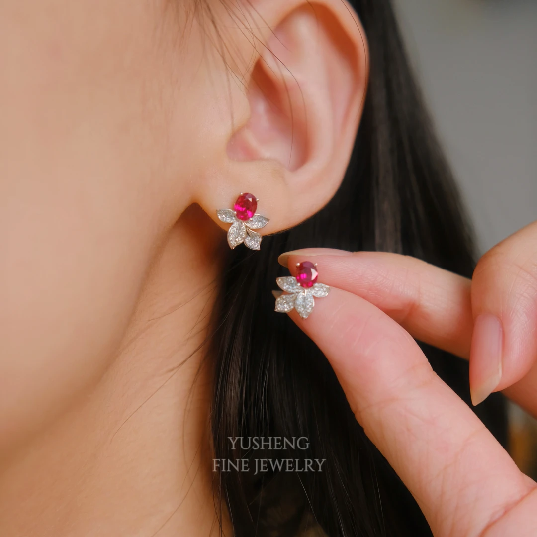 【金鱼】18K金镶嵌天然红宝石耳饰 0800 缅甸鸽血guild