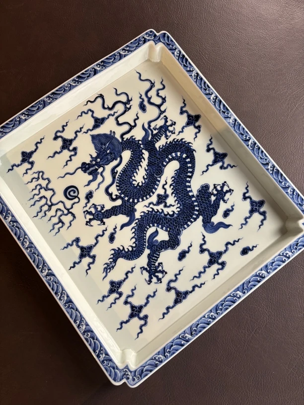 景德镇全手工手绘仿明青花祥云龙纹窑主亲工干茶盘托盘陶瓷家用