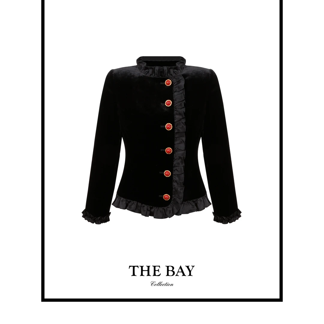 TheBay【假面舞会】100%真丝丝绒荷叶边外套Bay2SQXL0244