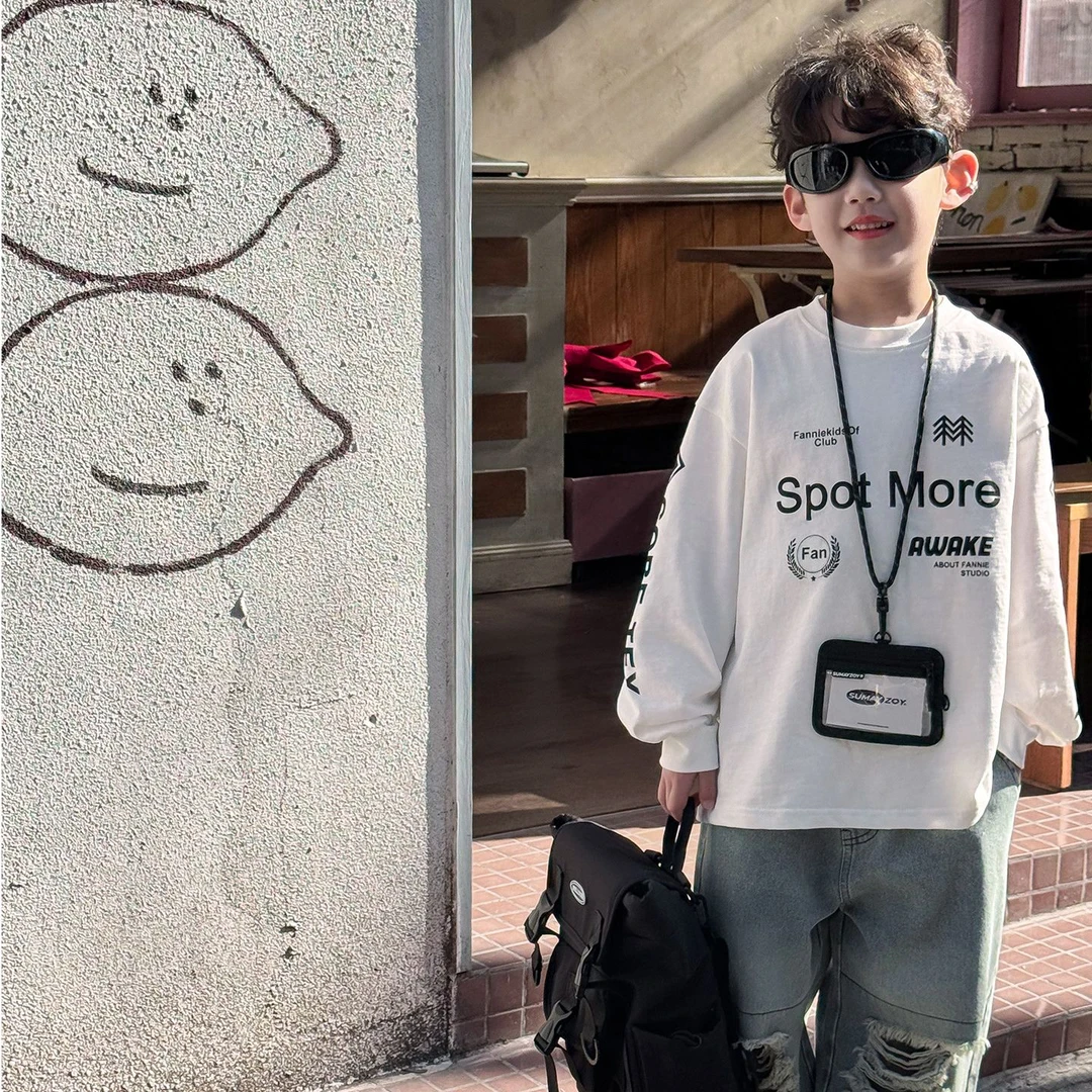 2025男童上衣春秋新款童装美式字母打底衫时尚百搭圆领儿童T恤潮