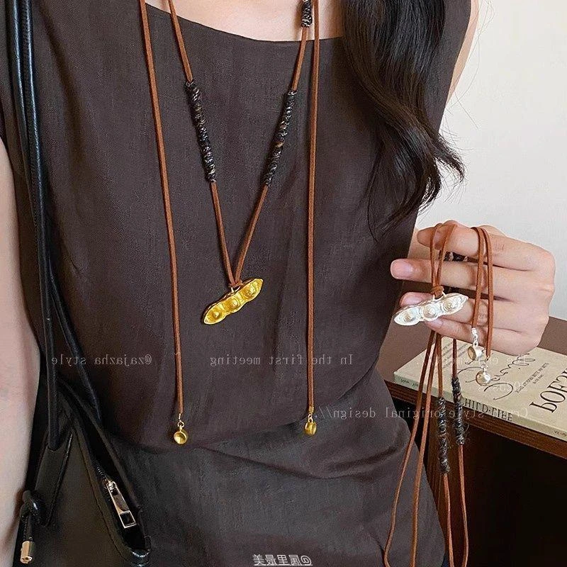 钛钢锆石项链 小众设计感豌豆麂皮编织长项链女美拉德复古高级感