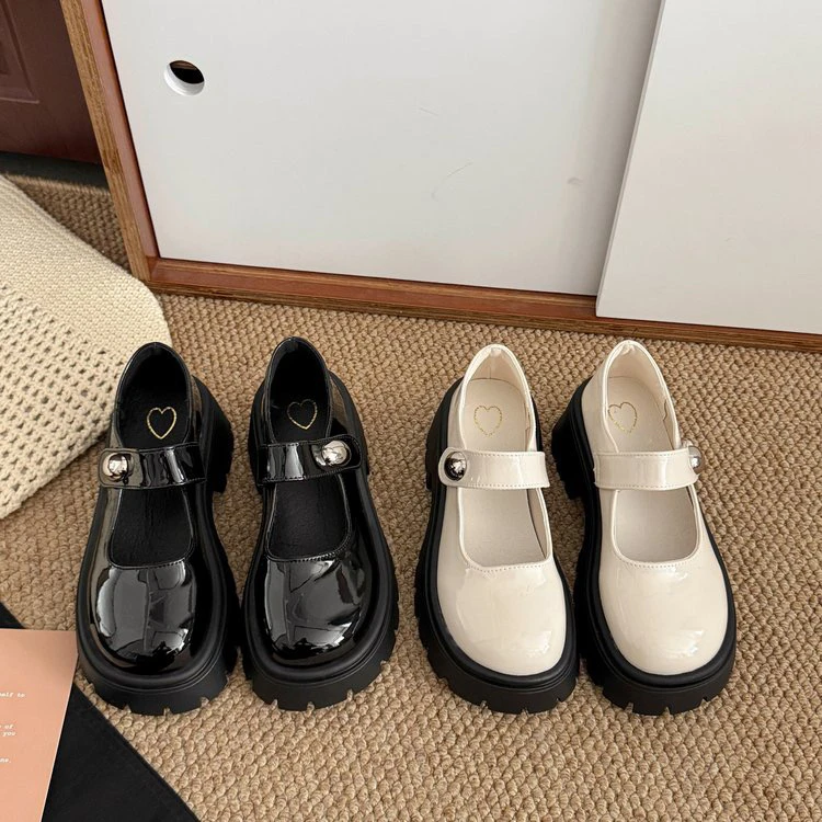 粗跟圆头纯色平跟厚底乐福鞋单鞋法式鞋子百搭防滑玛莉珍女鞋