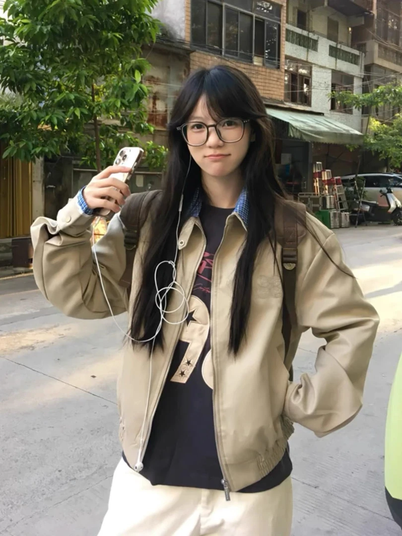 格子拼接翻领外套女春秋2025新款宽松休闲短款男女款工装夹克上衣