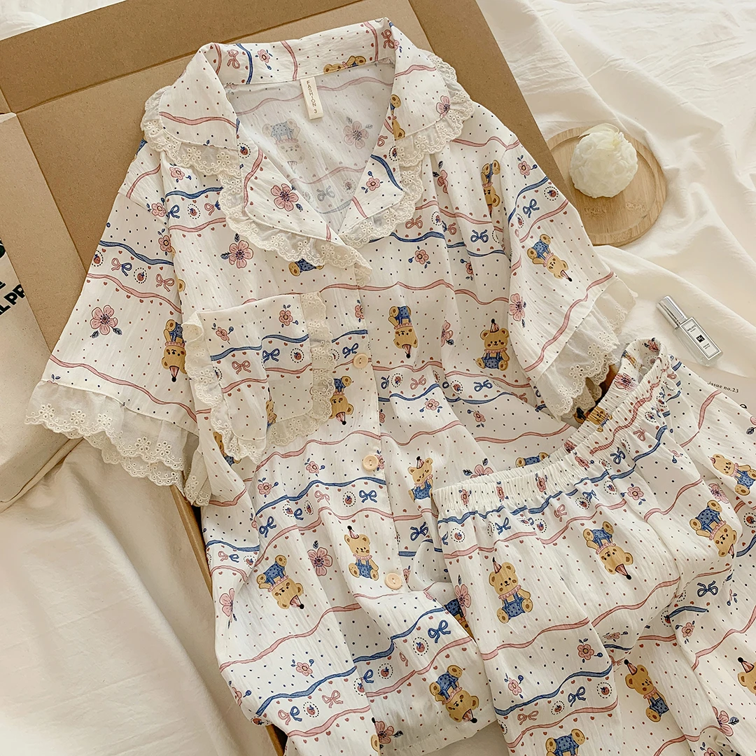 夏季新款睡衣家居服短袖短裤学生薄款碎花少女甜美卡通套装女生