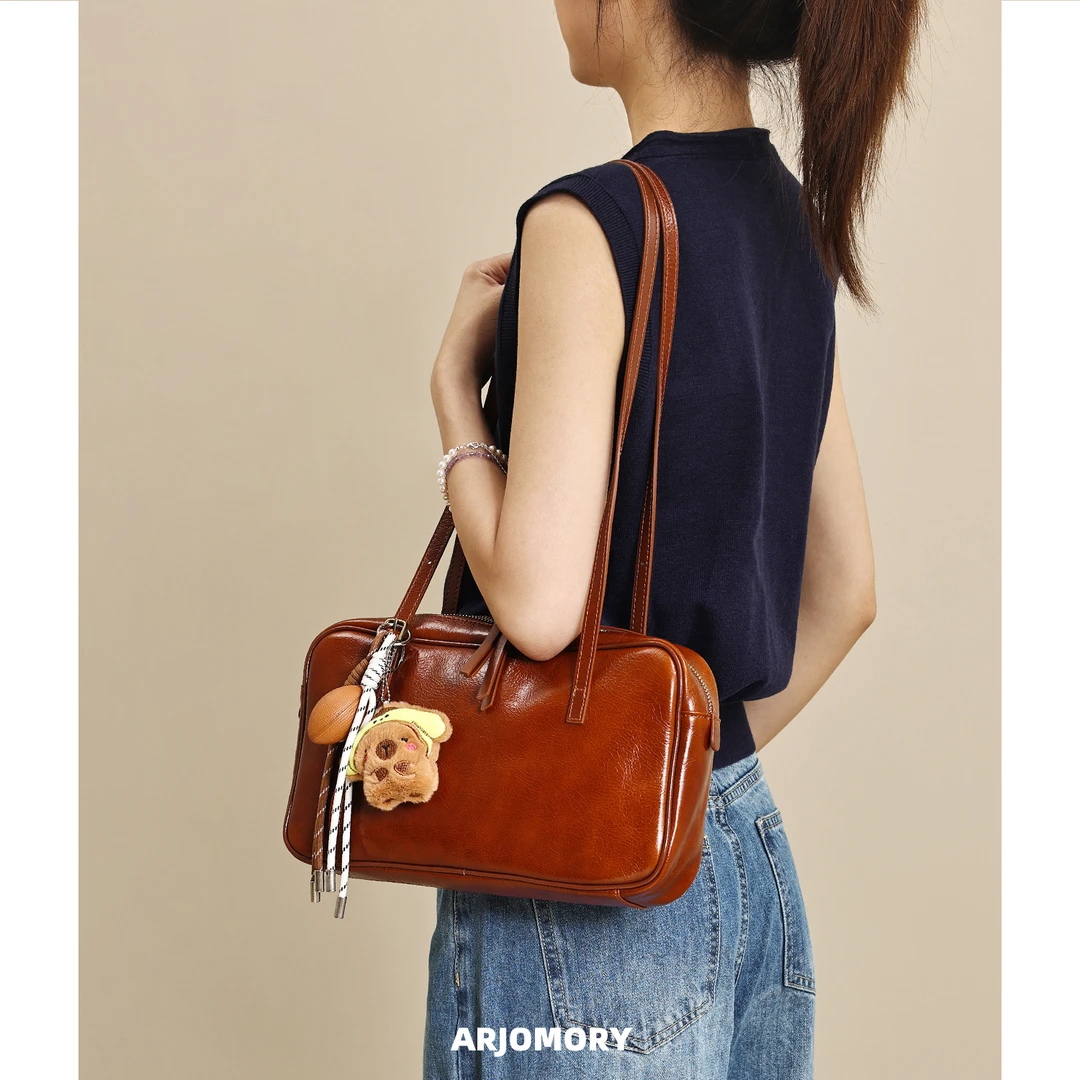 ARJOMORY小众设计复古百搭头层牛皮波士顿包女2025新款轻奢单肩包