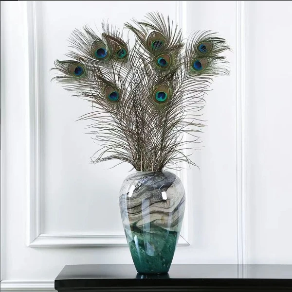 艺术水墨画艺术琉璃花瓶摆件现代玄关餐桌装饰客厅花器孔雀羽毛