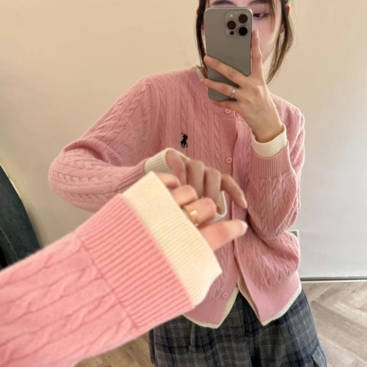 小马刺绣麻花针织开衫毛衣外套女秋冬新款宽松慵懒风圆领长袖上衣