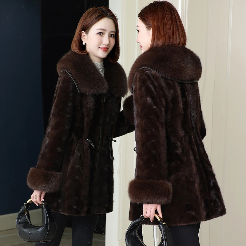 妈妈装海宁貂毛外套女狐狸毛领2025冬季新款正宗水貂皮草貂皮大衣