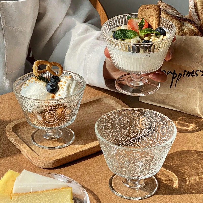 复古浮雕太阳花玻璃杯碗ins风家用冰淇淋雪糕碗酸奶杯碗早餐甜品