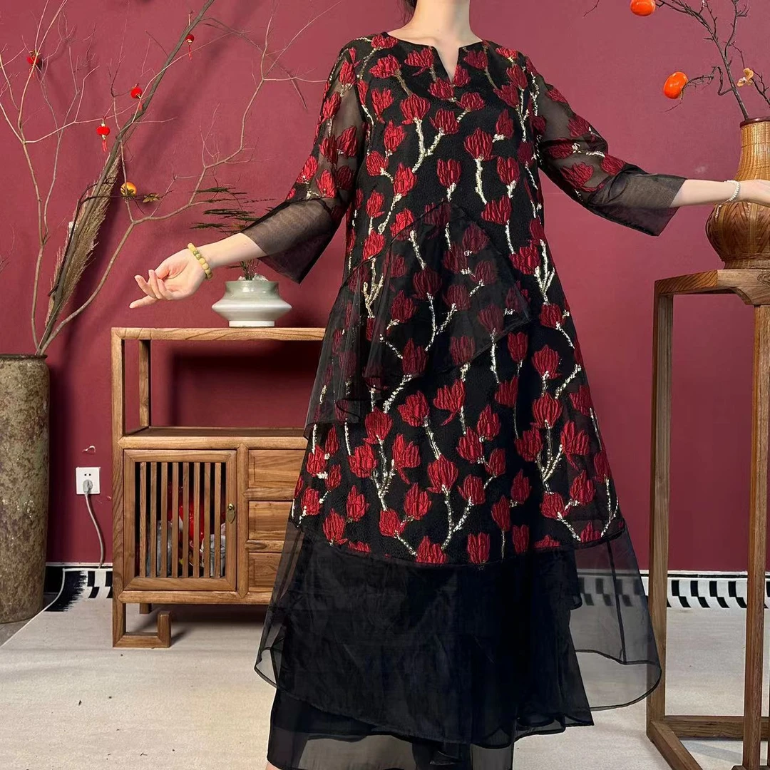 L1713新款红色梅花拼纱百搭宽松设计师款时尚连衣裙