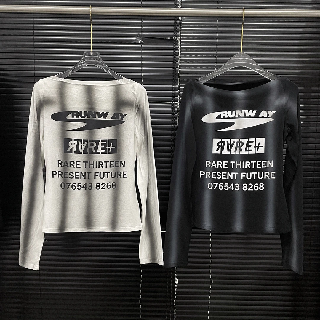 付新博女装涂鸦印花一字肩T恤女小众辣妹百搭套头长袖上衣13785