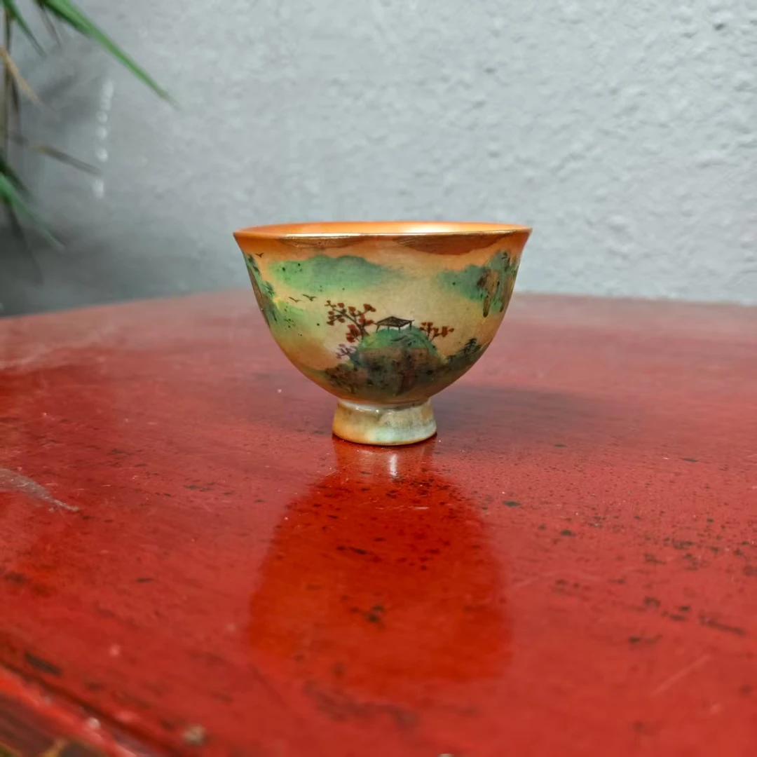 禧山窑志野柴烧陶瓷主人杯侘寂风山水手绘高足中杯DD0008