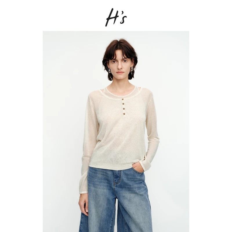 【秋上新】H'S亚麻针织衫女25年秋新款连体假两件套薄款上衣罩衫