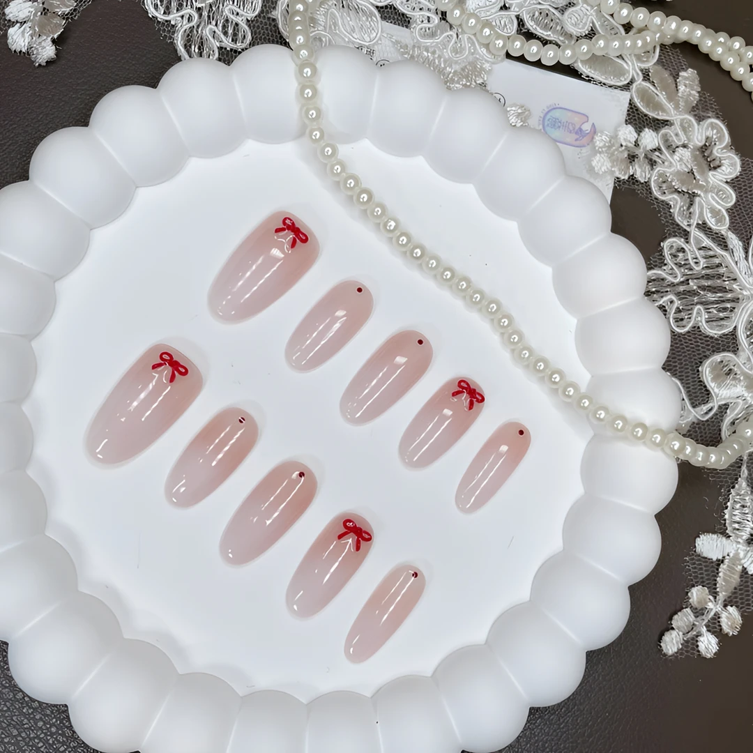 A0865『粉白红结』仙女风古风红色小蝴蝶结手绘双色渐变手工穿戴甲