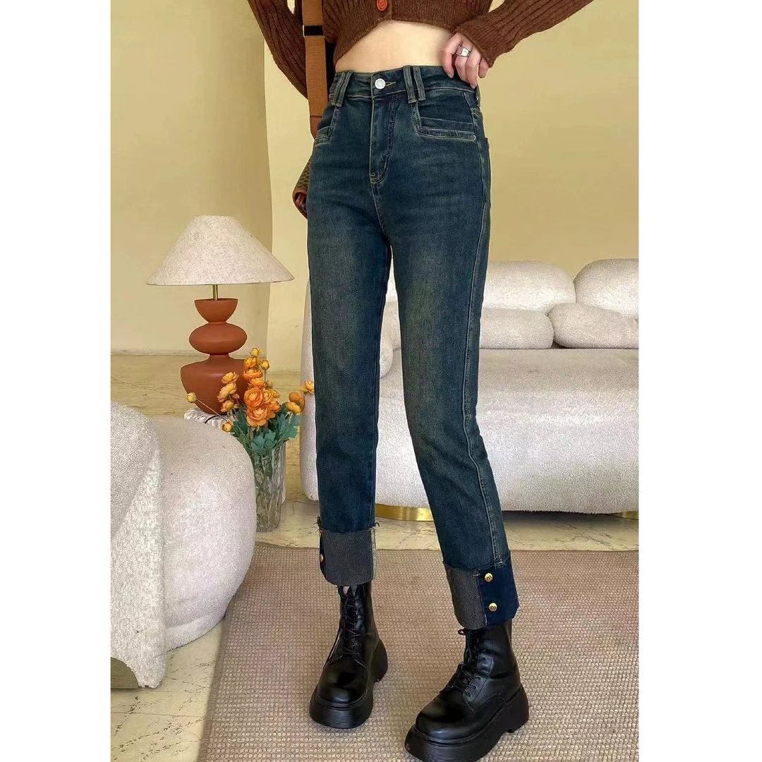 F113直筒牛仔裤女春秋2025新款高腰九分窄版弹力九分毛边烟管裤子