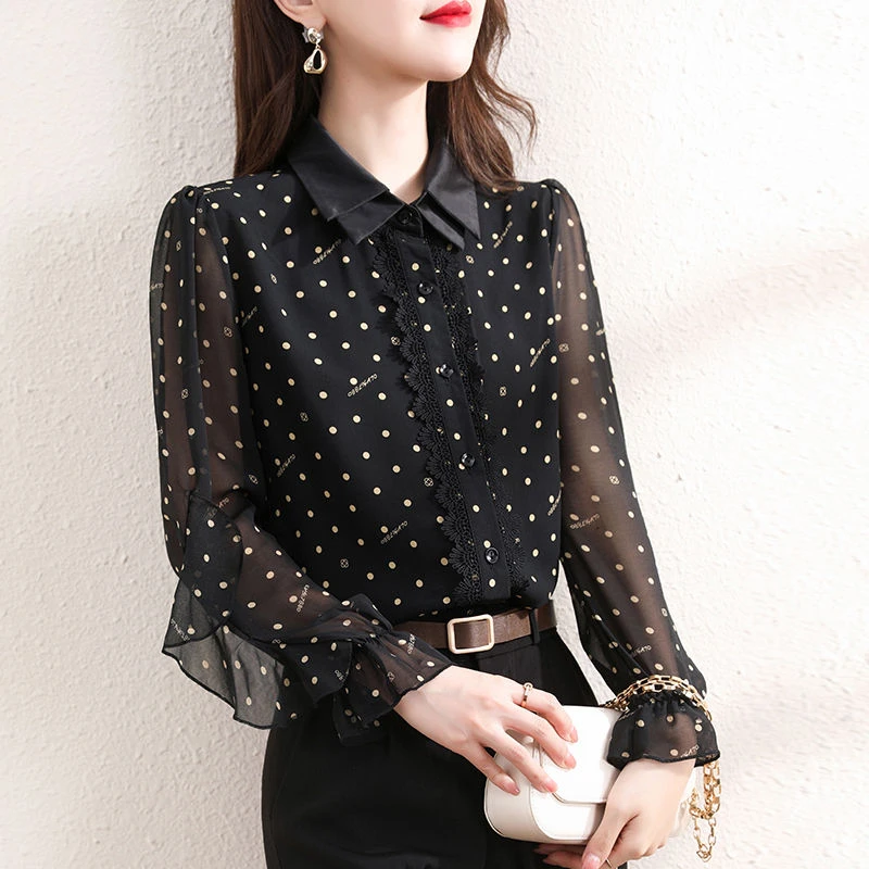 衬衫娃娃领波点女时尚2025春装新款春秋衬衣减龄小衫碎花雪纺黑色