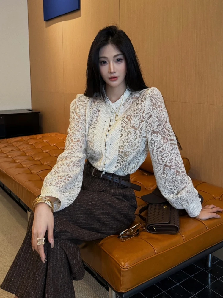 韩版复古时尚气质钩花镂空蕾丝上衣女轻奢高级感洋气别致衬衫上衣
