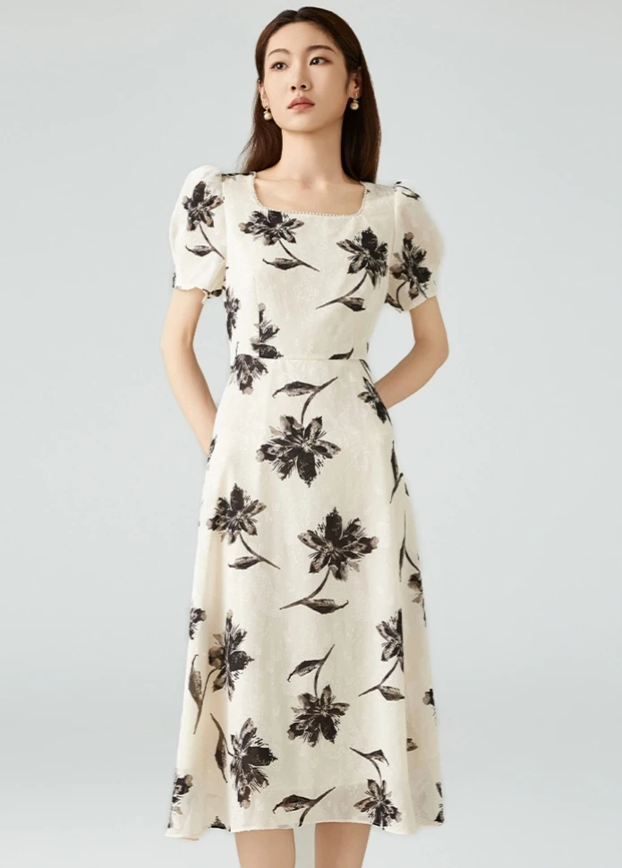 D232新款2025夏季女式连衣裙法式茶歇裙网红印花设计优雅气质百搭