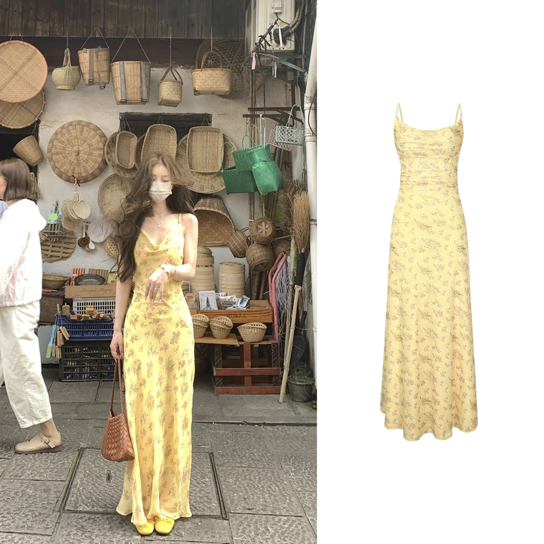 【雏菊幻境】黄色碎花荡领吊带连衣裙收腰显瘦印花长裙+开衫C 8811#