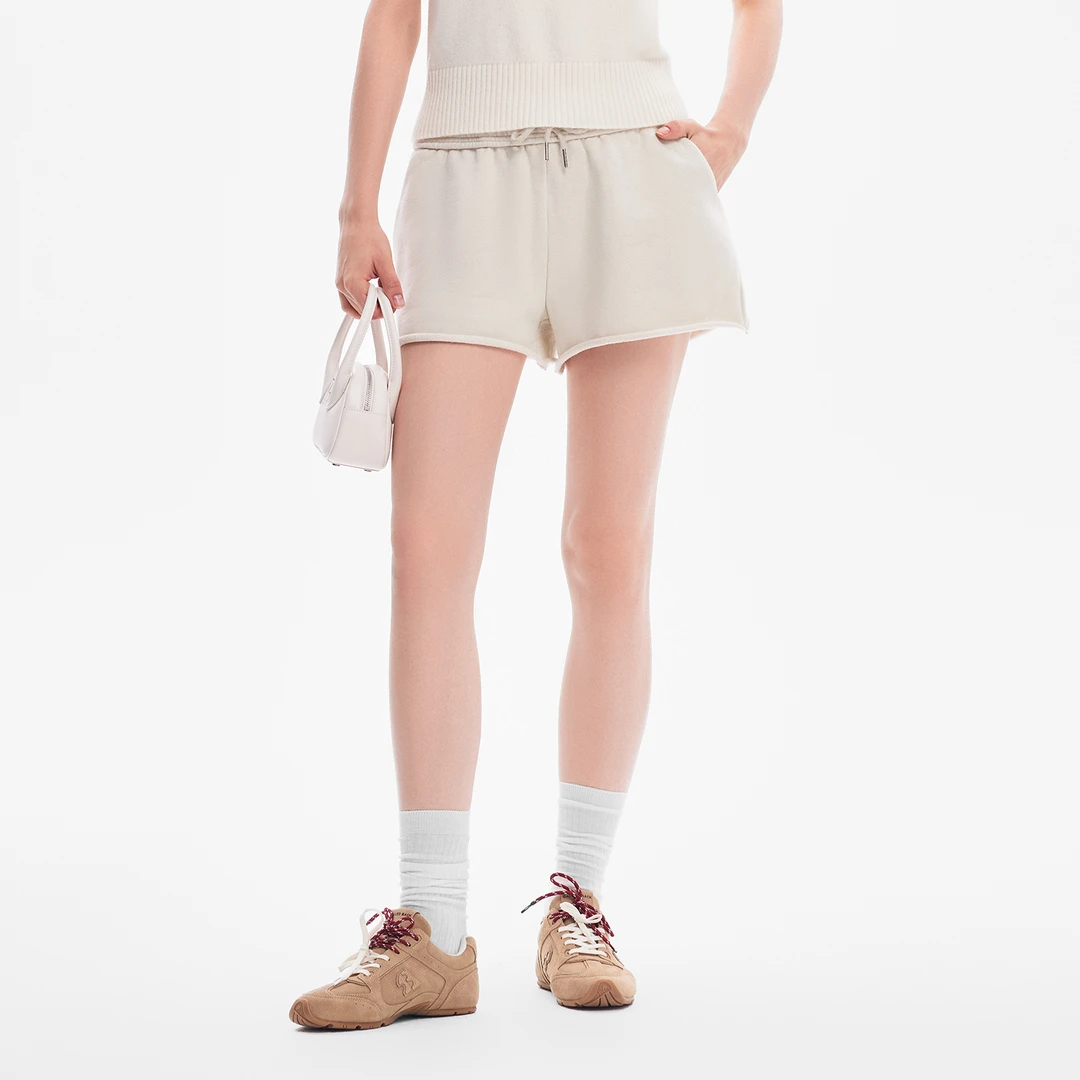 CALLED BACK新款舒适高腰新款运动风米白色抽绳休闲短裤031503