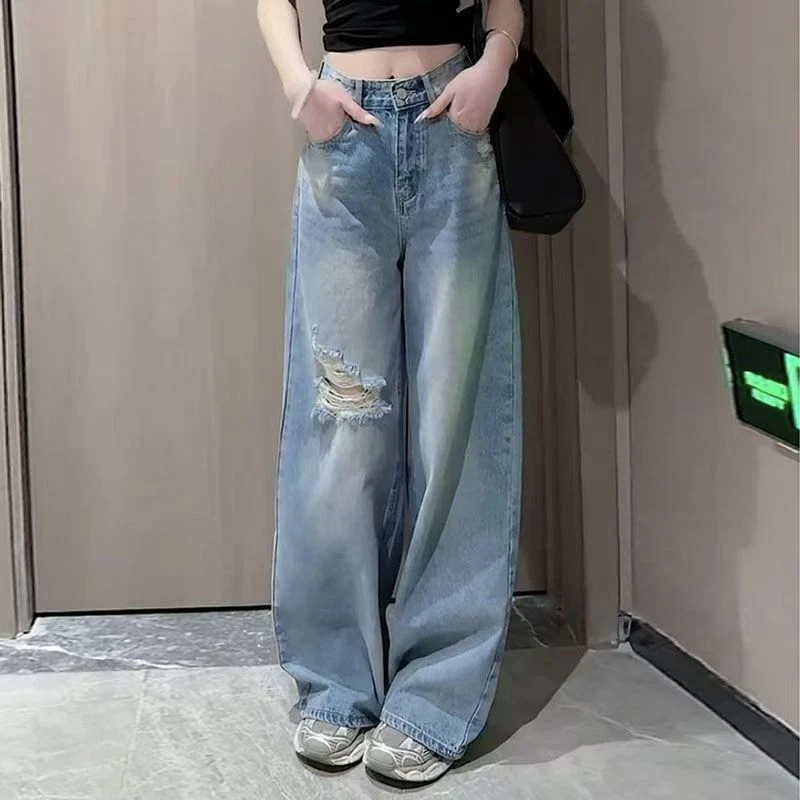 夏季新款高腰破洞阔腿牛仔裤女百搭显瘦宽松直筒拖地裤