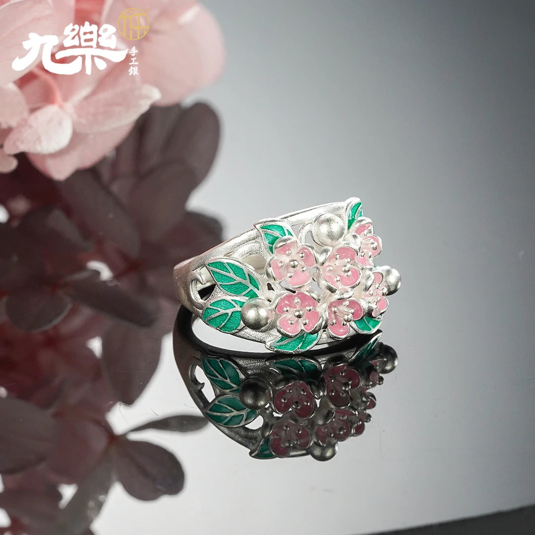 九乐 925银珐琅戒指 古法粉色桃花戒指国风小众饰品首饰送女友ins