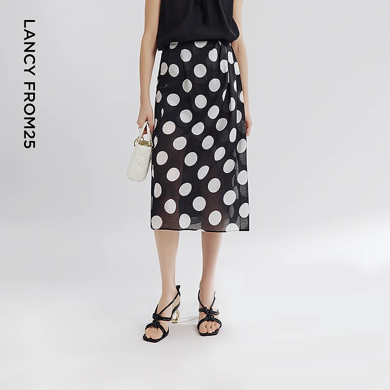 朗姿波点a字中长款复古风黑白撞色半身裙2025年夏季新款高级感裙