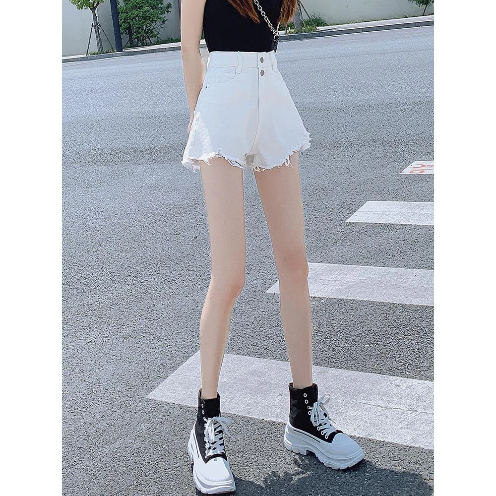白色牛仔短裤女夏2025年新款薄高腰显瘦小个子a字破洞设计感热裤