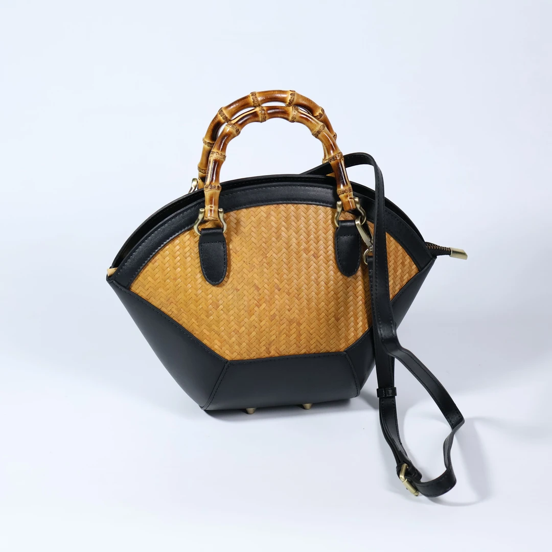 竹编提手扇形皮包+竹编平安扣 小