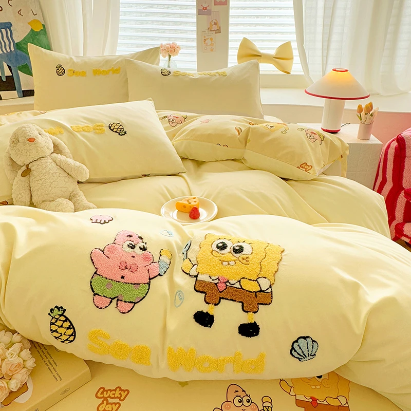 A类水洗棉床上四件套非纯棉全棉新款海绵宝宝被套宿舍床单三件套4