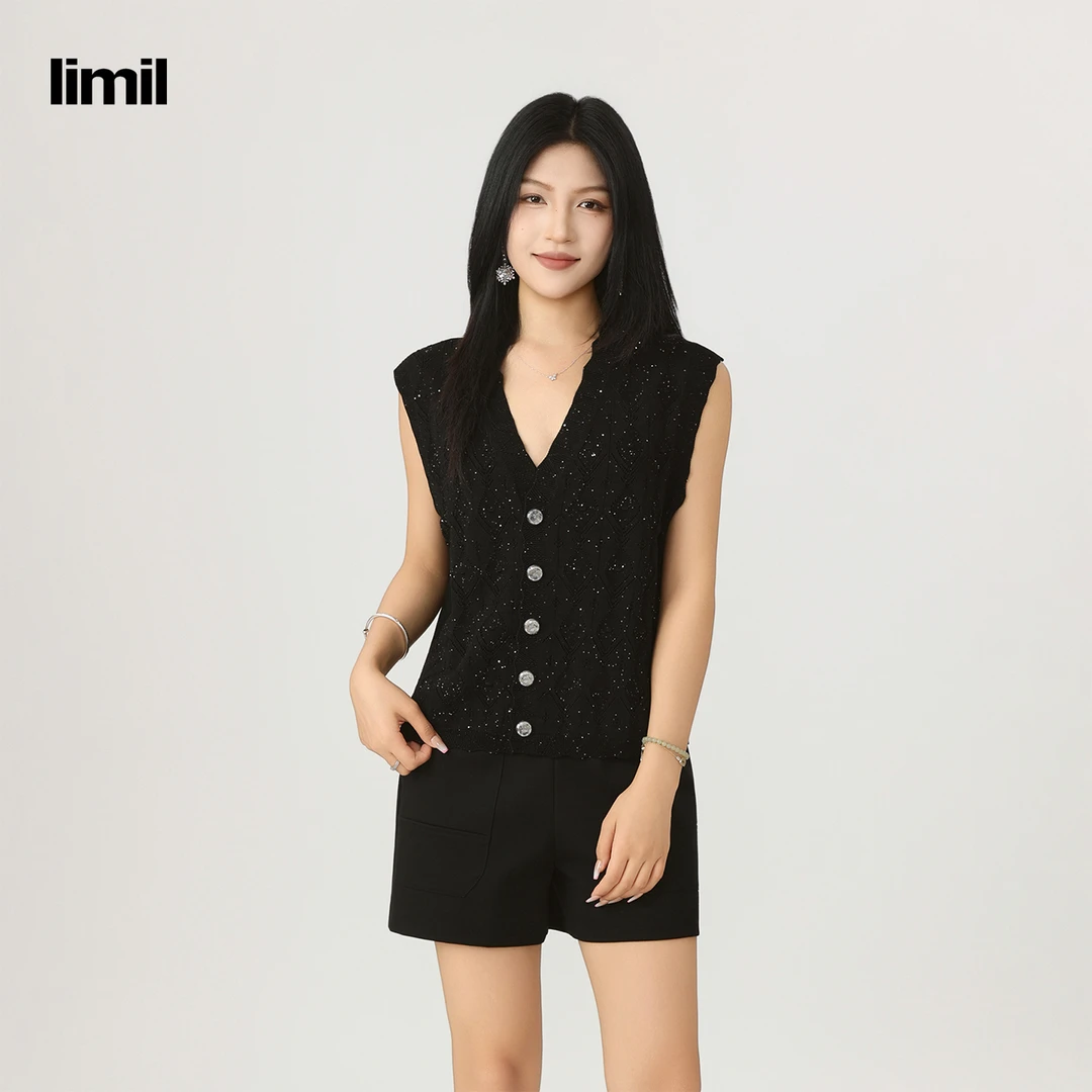 limil/丽米儿无袖休闲欧美风轻奢毛针织衫拼接设计师女装948005