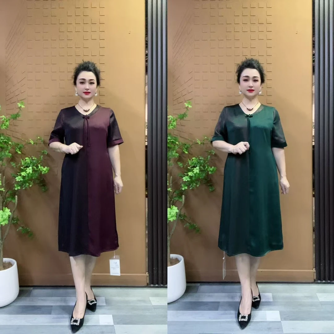 035妈妈装夏季国风V领连衣裙中长款中老年女装夏装流苏遮肚裙子