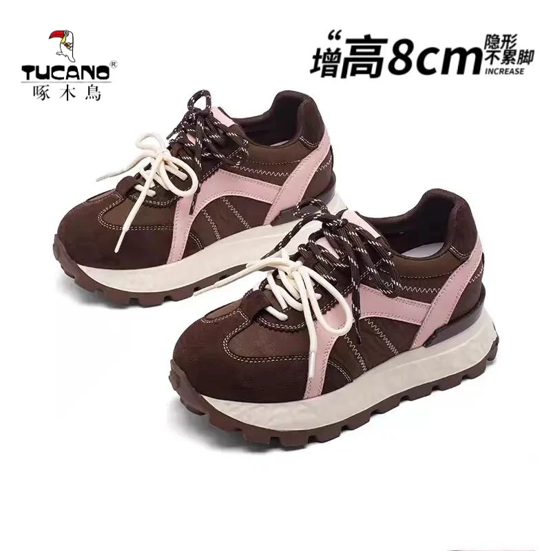 真皮内增高8cm厚底德训鞋女2025新款休闲老爹鞋软底不累脚阿甘鞋