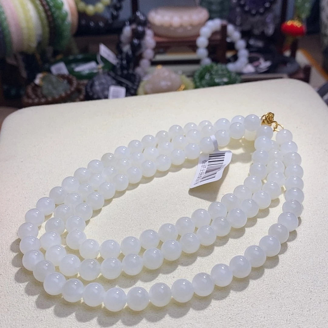 和田玉未镶嵌颈饰新疆银镶羊脂白玉108项链8MM