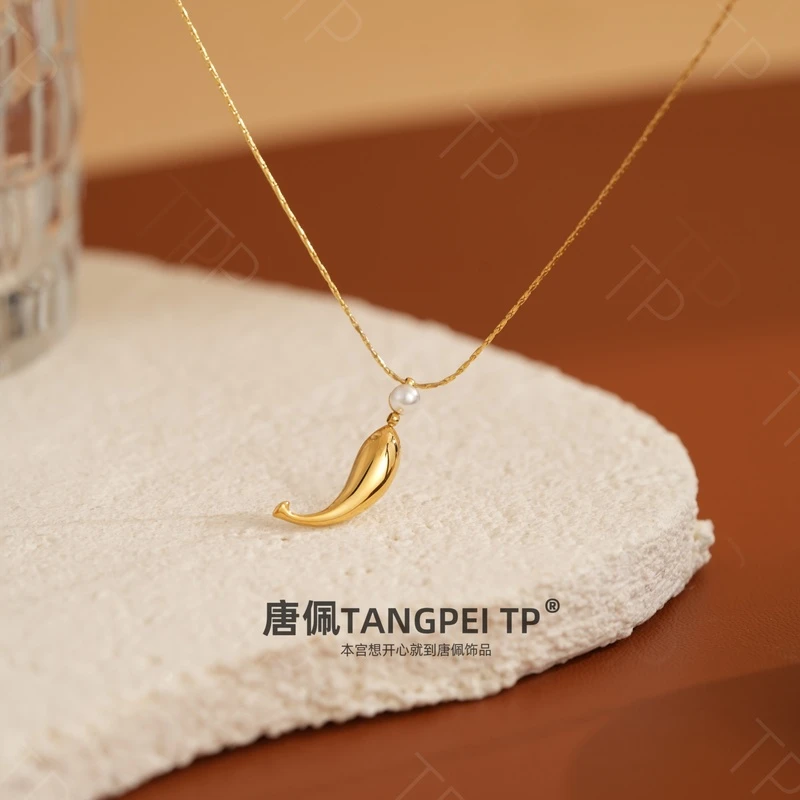 不锈钢仿珍珠项链 设计感欢乐小海豚项链气质小众法式时尚饰品