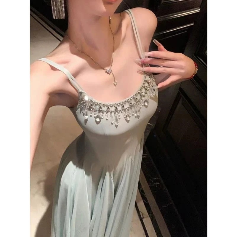 梦梦 MENGMENG｛夏季纯欲性感修身水晶钻链网纱大摆吊带连衣裙}