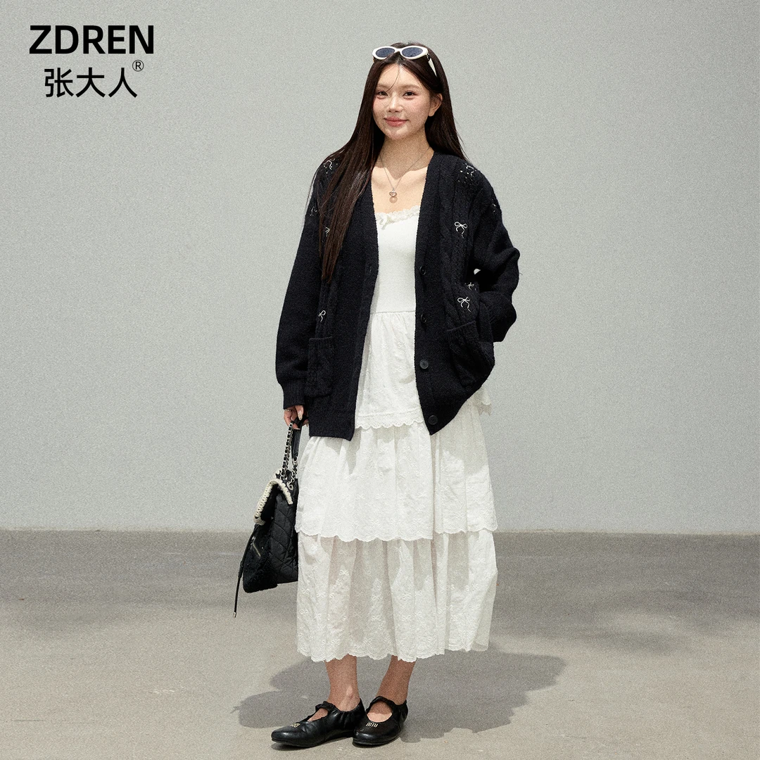 张大人【倒映月白】大码女装微胖妹妹秋季温柔系连衣裙显瘦百搭开衫