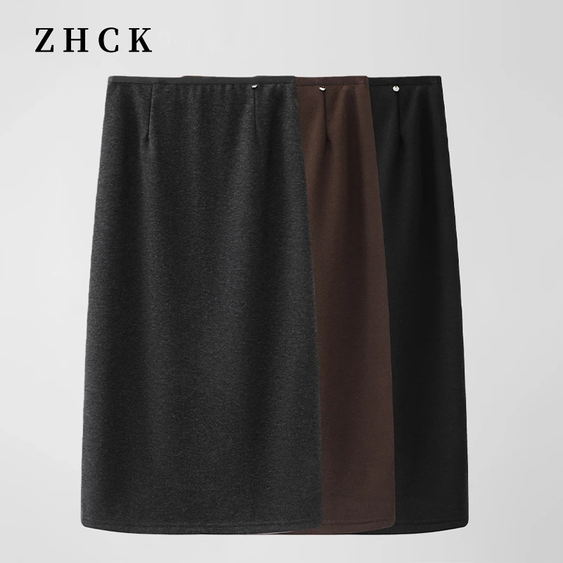 ZHCK时尚气质百搭高腰半身裙2025新款简约百搭直筒松紧腰毛呢半裙