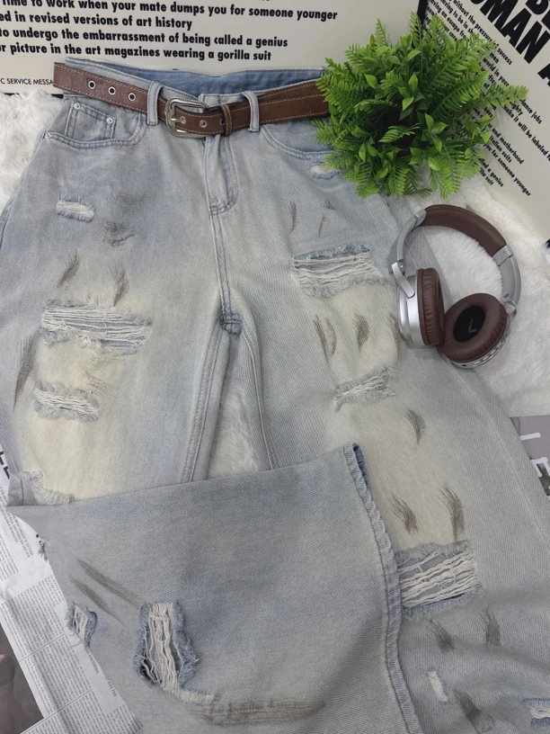 欧货美式潮酷复古宽松垂感破洞阔腿牛仔裤女薄款带腰带