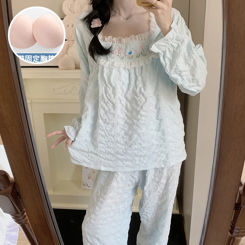 高级感蓝色学生睡衣女新款春秋季带胸垫方领公主风韩系家居服套装