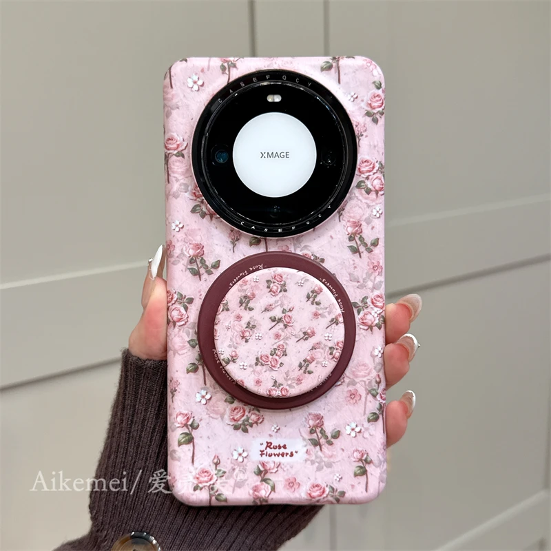 适用华为mate60pro+手机壳春日唯美满屏p60pro碎花油画磁吸支架女