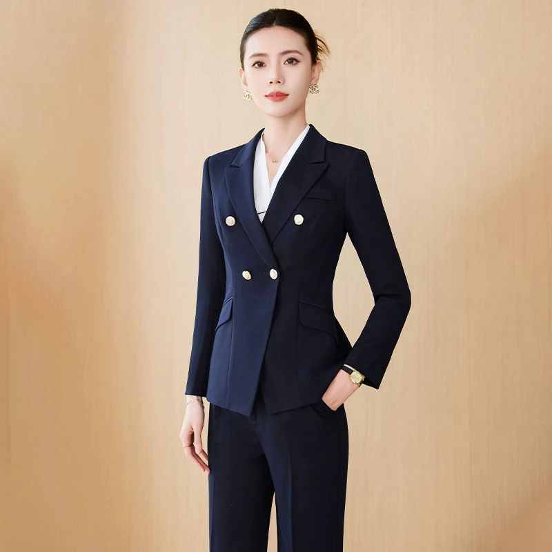 深蓝色西装套装女2025新款秋冬美容院珠宝店面试通勤职业装工作服