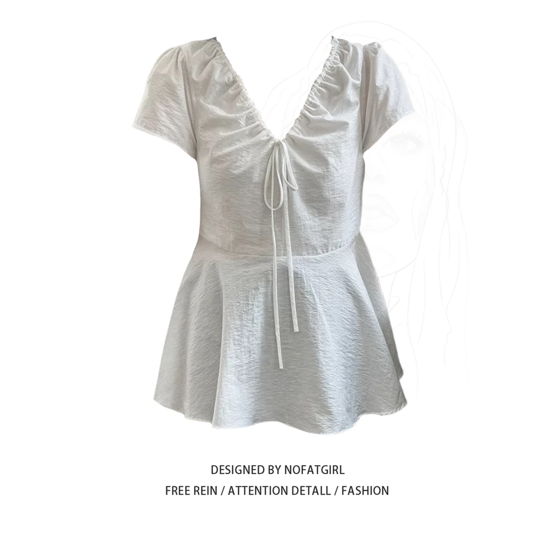 大码胖MM法式复古V领褶皱系带衬衫女装夏季收腰上衣设计感小众潮