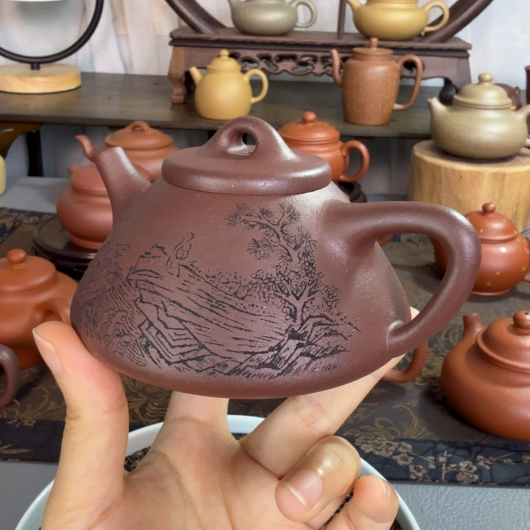 茶壶紫砂古*紫砂壶190cc子冶刻绘