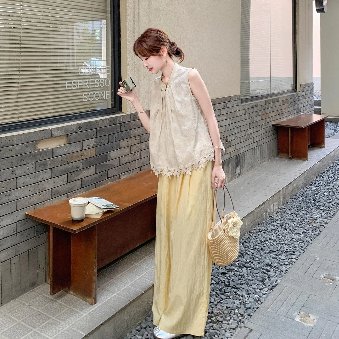 巨好看的夏装一整套女超火爆款独特绝美新中式盘扣马甲阔腿两件套