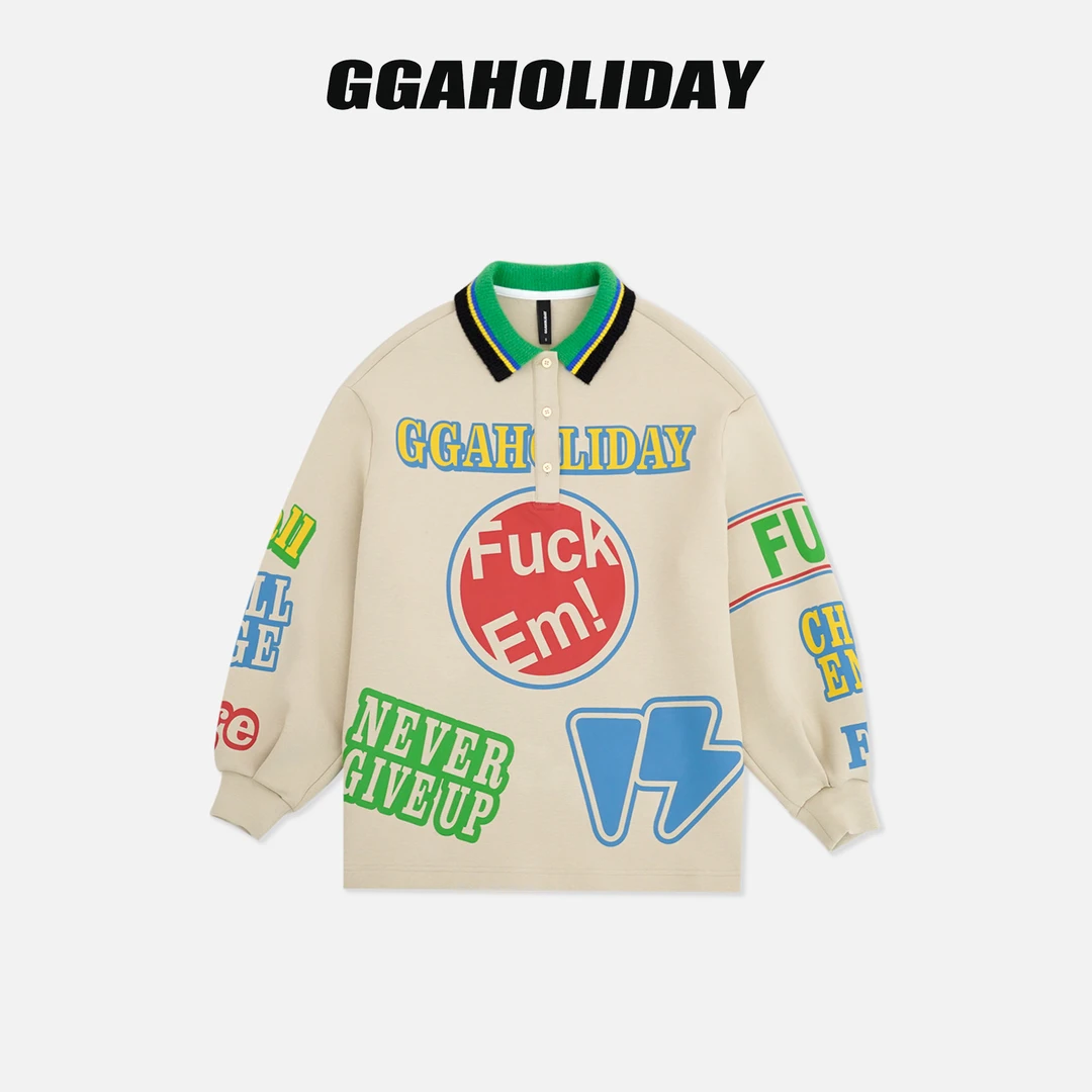 GGAHOLIDAY休闲宽松复古撞色时尚印花长袖POLO领卫衣T恤-154083